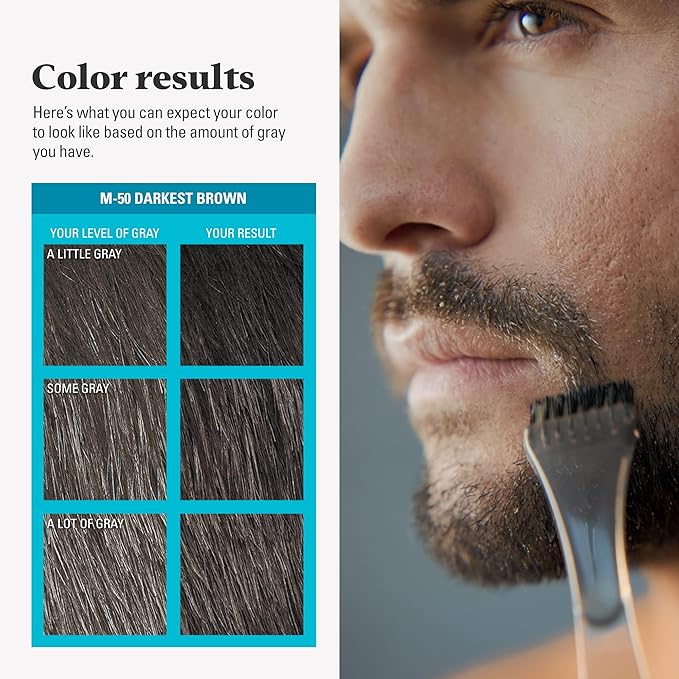 Just For Men Mustache &amp Beard Beard Coloring for Gray Hair with Brush With Keratin Biotin Aloe and Coconut Oil for Healthy Facial Hair - Darkest Brown M-50 Pack of 3 (Packaging May Vary)