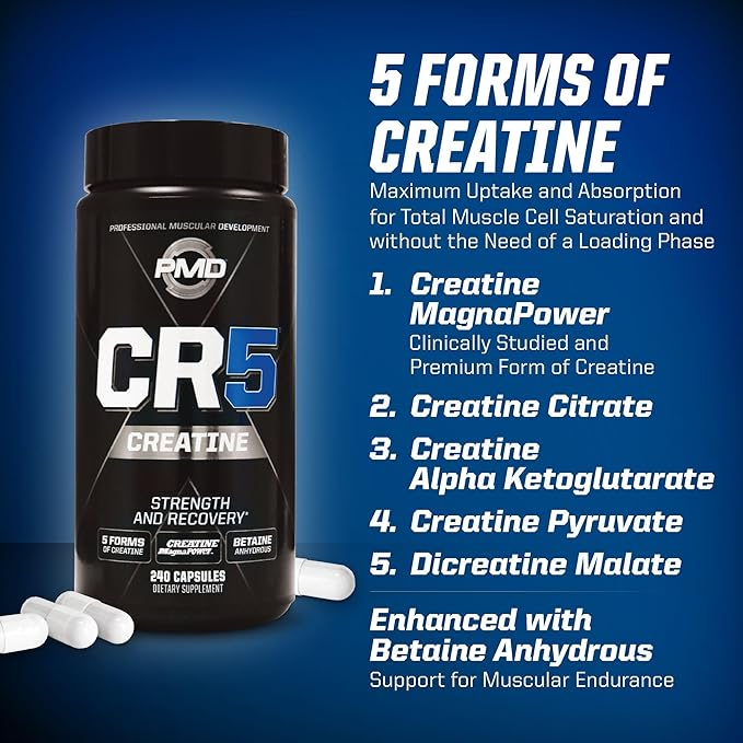 PMD Sports CR5 Professional Creatine Complex - Improved Recovery Reduce Soreness Lean Muscle Mass Gainer - Power 5 Creatine Blend for Strength Endurance and Recovery (240 Creatine Capsules)