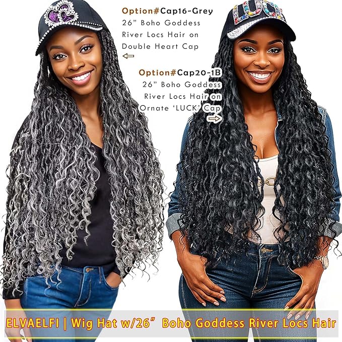 26 Boho Goddess River Locs Crochet Hair Extensions Gradient Grey Shine Heart Baseball Cap Wigs for Women