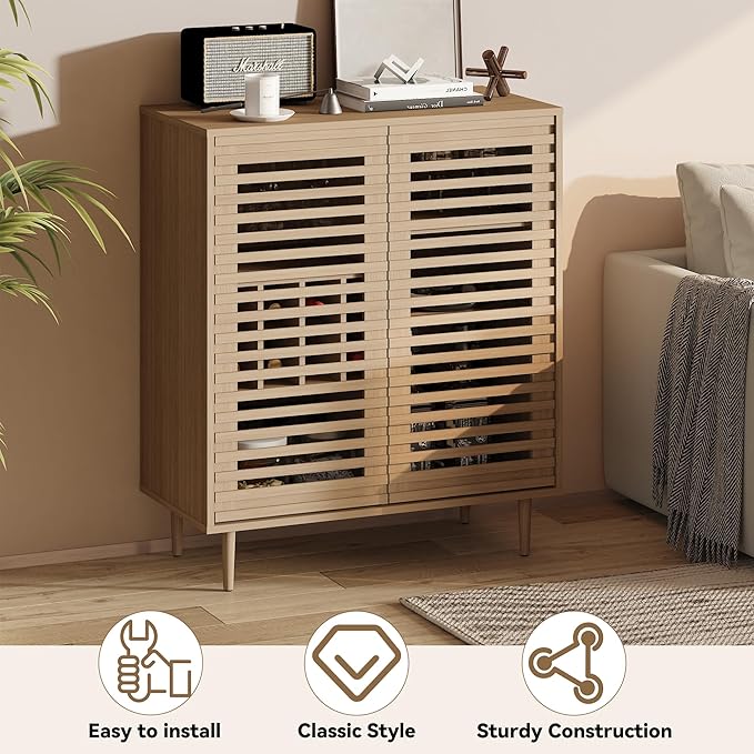 Mid Century Bar Cabinet with Wine Racks Modern Liquor Cabinet with Slatted Doors for Dining Room Living Room (Natural Color)