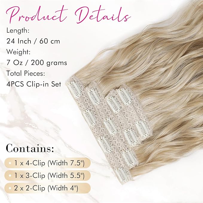 REECHO Clip in Hair Extensions 4PCS Blonde Hair Extensions 24 Thick Long Beach Waves hair extensions HE003 Invisible Lace Weft Natural Soft Hairpieces for Women ? Dark Blonde with Light Ends