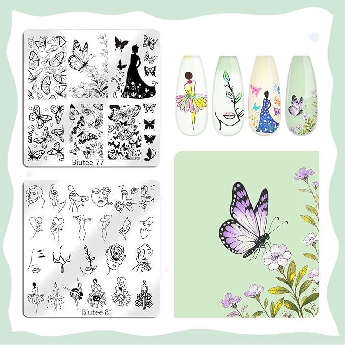 Biutee Nail Art Stamping Plate Set 15PCS Nail Stamp Plates 8PCS Nail Stamping Gel Polish Nail Stamper and Scraper Halloween Christmas Butterfly Letters Bow Design Nail Stamping Kit with Storage Bag
