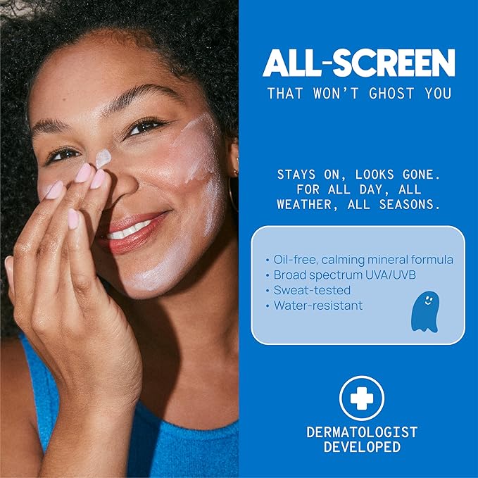 Ghosted Mineral All-Screen - Oil-Free SPF 30 Face Sunscreen - Dermatologist Developed with Cloud Feel Bisabolol for Daily All-Weather Care - Reef Safe Water-Resistant Blends Into Skin (1.7oz)