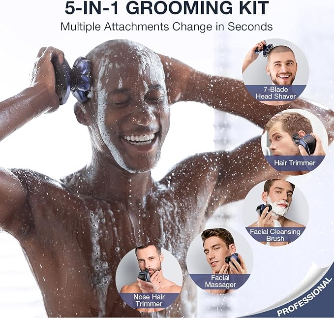 Head Shaver 7D Wyklaus Upgrade Head Shavers for Bald Men Head Electric Razor with Nose Hair Trimmer IPX6 Waterproof Wet/Dry Mens Grooming Kit Anti-Pinch LED Display USB Rechargeable