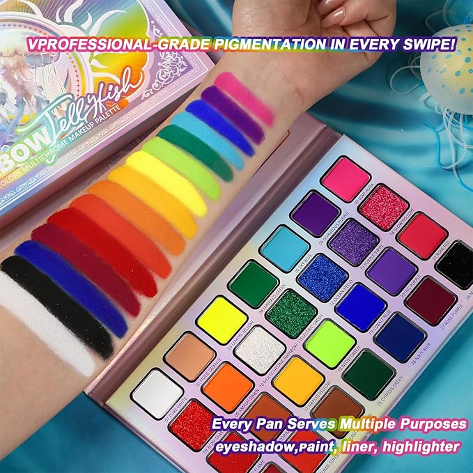 DE'LANCI Rainbow Eyeshadow Palette Colorful Makeup Pallet Multichrome Bright Neon Eyeshadow Palette High Pigment Vibrant Face Paint Rainbow Iridescent Makeup Long Lasting Daily Festival Goth FX Look