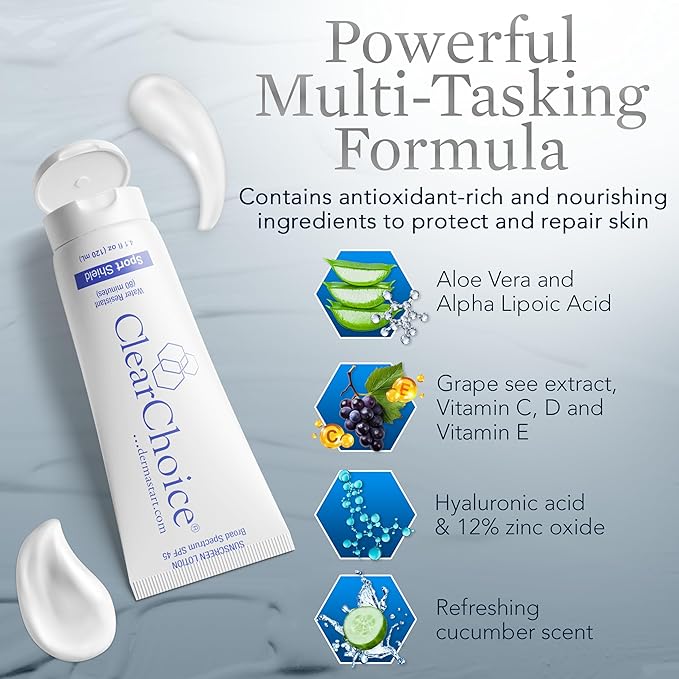 Clear Choice Sunscreen for Face SPF 45 Oil Free Sunblock &amp Light Moisturizer with Zinc Oxide Reef-Safe Broad Spectrum Water-Resistant No White Cast Light Moisturizer 4oz