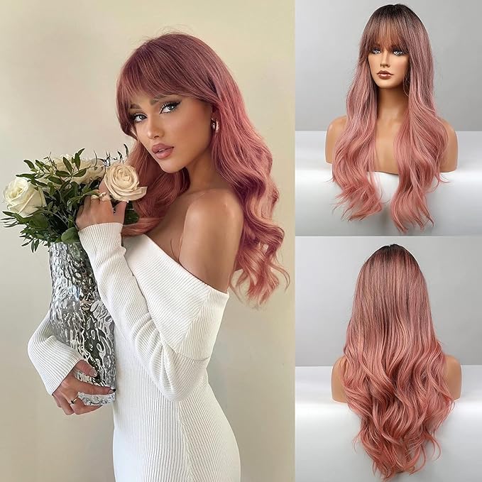 Honygebia Pink Wigs with Bangs - Long Ombre Pink Wigs for Women Light Wavy Heat Resistant Hair Pink Synthetic Dark Root Natural Looking - Best Wig for Halloween/Christmas/Cosplay/Party