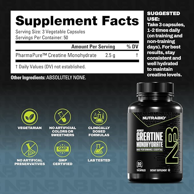 NutraBio Pure Micronized Creatine Monohydrate Capsules Creatine Pills Supports Bulk Muscle Energy Recovery and Strength - Keto Friendly Kosher Creatine Nutritional Supplement for Men and Women