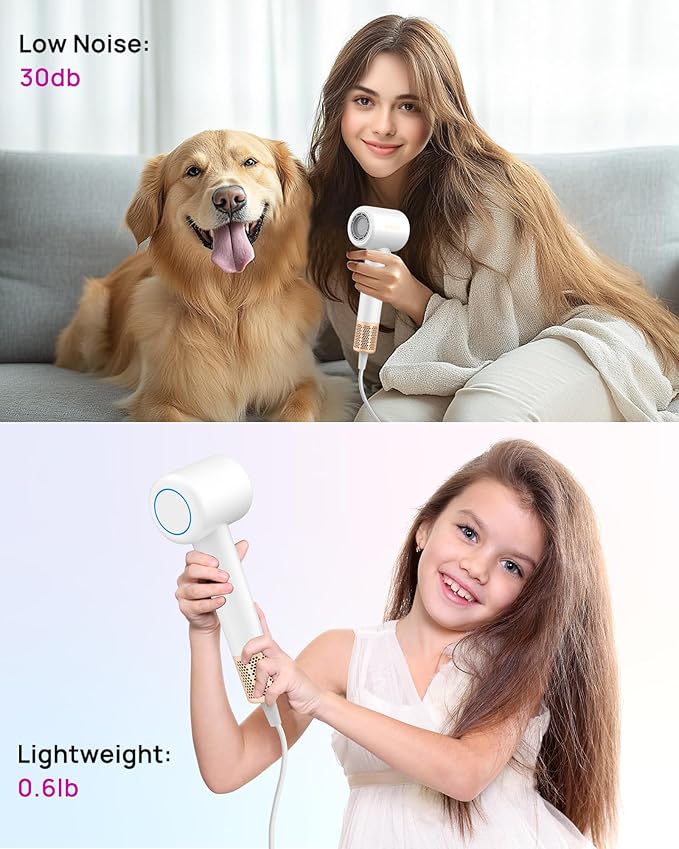 Hair Dryer High-Speed Ionic Low Noise Blow Dryer with Brushless Motor for Fast Drying Thermo-Control Quiet Compact Hair Blow Dryer with Magnetic Diffuser for Curly Hair for Home Travel Salon