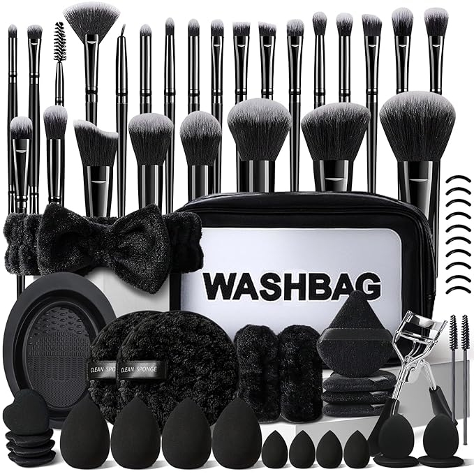 56Pcs Black Makeup Brushes Set Professional with Case Premium Synthetic for Foundation Concealer Blush Eyeshadow Powder Contour Makeup Brush Kit Face Eye Make up Brushes &amp Tools