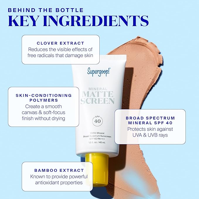 Supergoop! Mineral Mattescreen (SPF 40) - 45 mL - Mineral Oil-Free Broad Spectrum Sunscreen - Smooths Skin?™s Appearance Minimizes Pores &amp Controls Shine - Water &amp Sweat Resistant