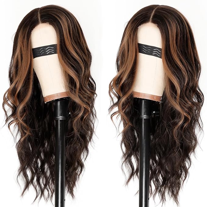 AISI HAIR Dark Brown with Highlights Wig for Women Long Wavy Lace Hairline Middle Part Synthetic Heat Resistant Wig for Daily Party-26 Inch