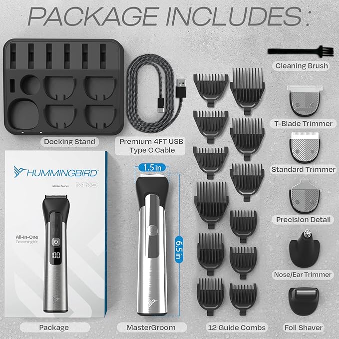 HUMMINGBIRD MK9 MasterGroom All-in-One Trimmer ? 21-Piece Men's Grooming Kit for Beard Head Hair Body and Face Waterproof Stainless Steel USB C Rechargeable LED Display
