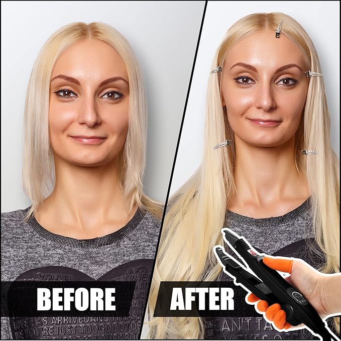 Hair Extensions Iron Fusion Keratin Hair Extensions Heat Tool Heat Connector Wand with Fusion Glue Protector Template Hair Clip Finger Protector 2 Bag Keratin Glue Granule Bead(Black)