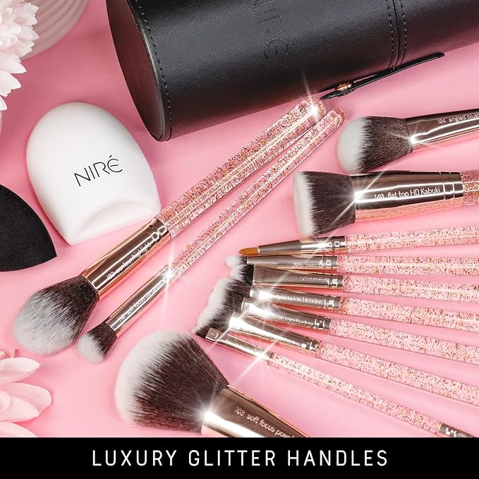 Nir? Beauty 15piece Award Winning Glitter Makeup Brushes: Cute Makeup Brushes Set with Case Beauty Blender Cleaner Guide Gift Box