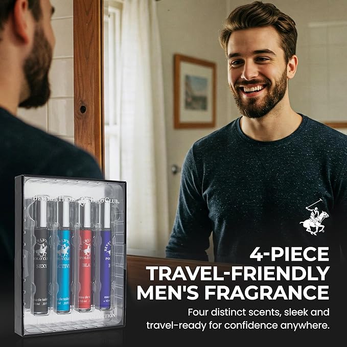 Beverly Hills Polo Club EDT Pen Spray Collection - Set of 4 Men's Fragrance Gift Set - draft Sexy Blaze and Blue Scent - Long-Lasting Travel-Friendly Cologne for Men (10ml Each)
