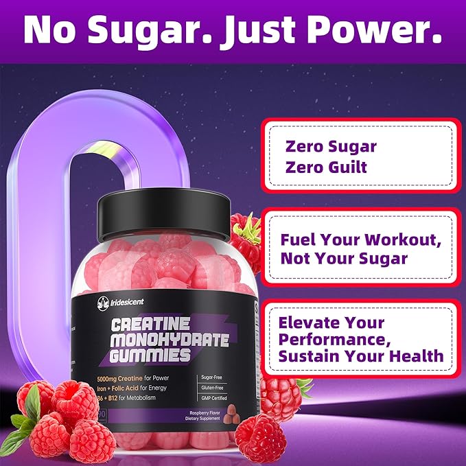 Creatine Monohydrate Gummies 5000mg w/Iron Vitamin B6 &amp B12 Sugar Free 5g Creatine Supplements for Women - 90 Raspberry Gummies