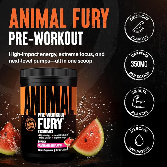 Animal Fury Pre Workout Powder Supplement for Energy and Focus 5g BCAA 350mg Caffeine Nitric Oxide Without Creatine Powerful Stimulant for Bodybuilders Watermelon