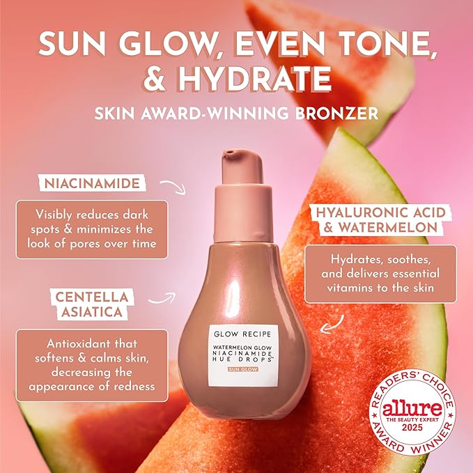 Glow Recipe Hue Drops Tinted Face Serum - Bronzing Drops to Brighten &amp Hydrate - Skincare Makeup Primer &amp Liquid Highlighter to Blur Pores for a Radiant Even Skin Tone - Sunglow (40ml)