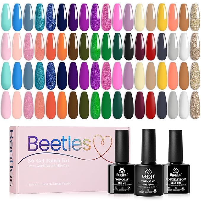 Beetles Fall Gel Nail Polish Set 36 Colors Gel Polish Set Sparkle Red Pink Glitter Black Nail Kit Free Journey Collection with 3Pcs Base Top Coat Soak off Uv Gel Polish Manicure Kit