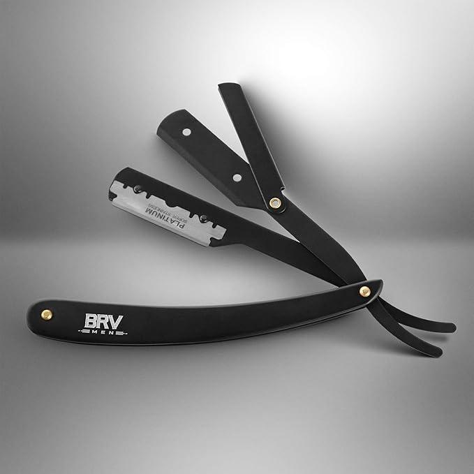 BRV MEN Professional Straight Edge Barber Razor w/ 100 Single Edge Razor Blades | Straight Razors for Men | Barbershop Accessories | Mens Shaving Knife &amp Shavette - Black