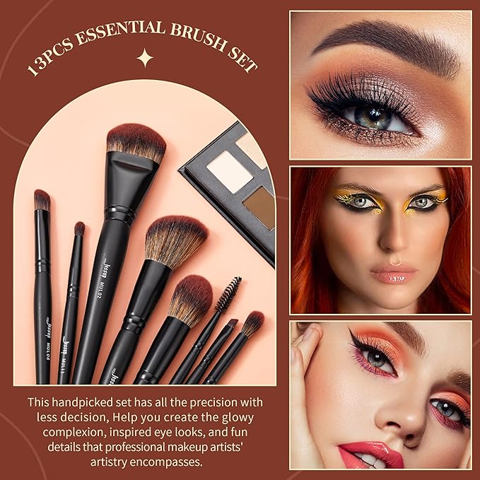 Jessup Full Makeup Brushes Set 13pcs Professional Vegan Foundation Powder Contour Blush Highlight Eyeshadow Blending Concealer Spoolie EyeLiner Brush Phantom Black T300