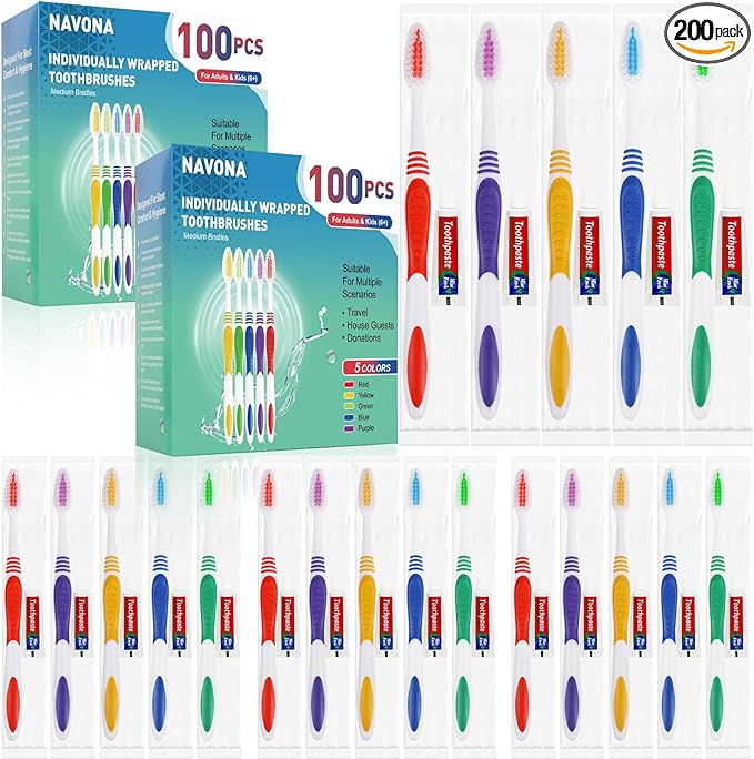 Navona 200 PCS Disposable Toothbrush with Toothpaste Bulk Travel Toothpaste Bulk Toothpastes Individually Wrapped Bulk Toothbrush Ergonomics HandleMedium Soft Bristle Perfect for Travel Hotel