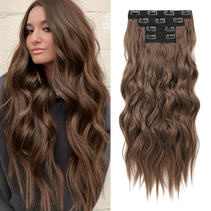 REECHO Clip in Hair Extensions 4PCS Hair Extensions 24 Thick Long Beach Waves hair extensions HE003 Invisible Lace Weft Natural Soft Hairpieces for Women (Ginger Brown)