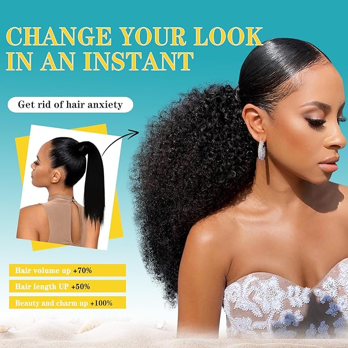 Kalyss Drawstring Ponytail for Black Women Deep Curly Ponytail Extension Synthetic Blended Afro Kinky Curly Pony Tail Hairpieces for Women 27 Inches