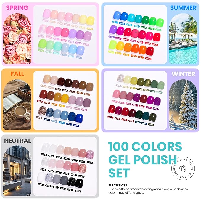 Beetles Gel Nail Polish Set - Chroma Dreams 100 Colors Polish Kit Pink Blue Orange Purple Fall Winter Gel Nail Colors with 5Pcs Base Top Coat Soak off UV Gel