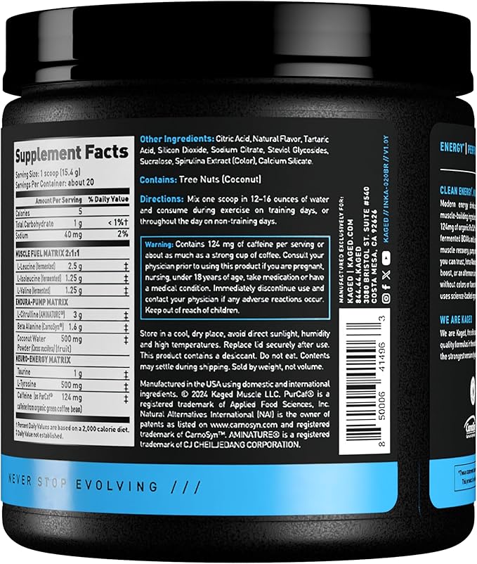 Kaged Intra-Workout Powder In-Kaged BCAAs L-Citrulline &amp Beta-Alanine for Endurance 124mg Organic PurCaf Caffeine Coconut Water Powder 20 Servings Blue Raspberry