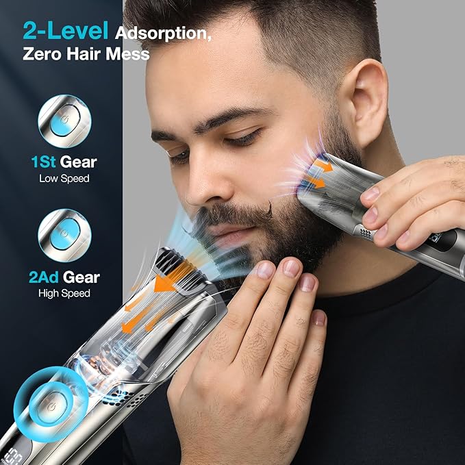 Vacuum Beard Trimmer for Men New Version Adjustable Precision Trimming Length with 2 Comb Electric Cordless Vacuum Trimmer for Beard Waterproof and Rinses Easy Blades for Skin fit