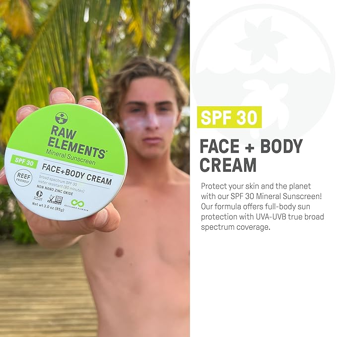 Raw Elements Face and Body Mineral Sunscreen SPF 30 Tin Organic Sunblock Daily Protection Non Toxic Reef Safe Water Resistant Cruelty Free Plastic Free 3 oz (Pack of 2)
