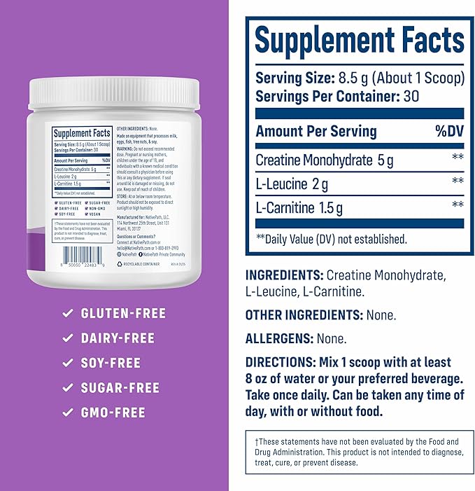 NativePath Creatine Monohydrate Powder with L-Leucine &amp L-Carnitine - Muscle Building Supplement for Men &amp Women - 30 Servings