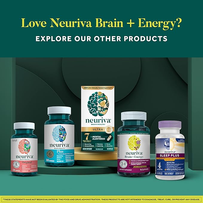 NEURIVA Brain + Energy Gummies Nootropic Brain Supplements for Focus and Concentration with Neurofactor Vitamin B12 &amp Caffeine for an Energy Boost* 75ct Natural BlackBerry
