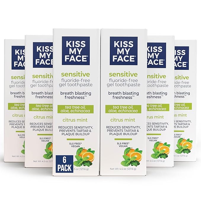 Kiss My Face Sensitive Toothpaste Gel Citrus Mint Gel Protection for Sensitive Teeth and Gums with Tea Tree Oil Aloe and Iceland Moss Fluoride Free Vegan 4.5 oz 6 Pack