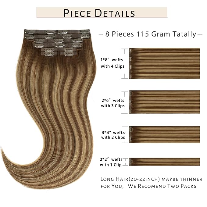Caliee Balayage Clip in Hair Extensions Real Human Hair Fluffy Not Tangled Seamless Hair Extensions Clip in Human Hair 20 Inch 115G 8Pcs R4-4/27 Chocolate Brown to Caramel Blonde Hair