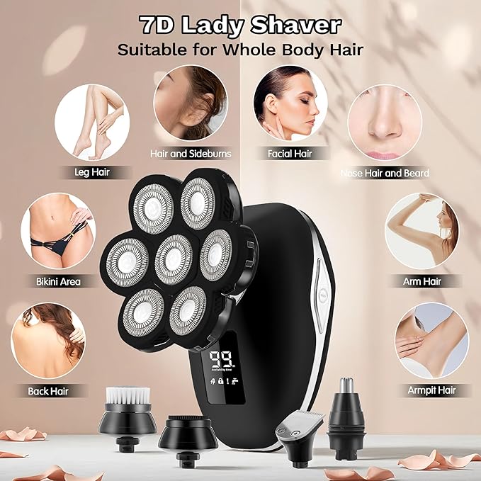 Electric Razors for Women 7D Electric Shaver for Women 5 in 1 Lady Shavers Wet/Dry Bikini Trimmer Rechargeable Face Razor for Arms Legs Armpit Pubic Area
