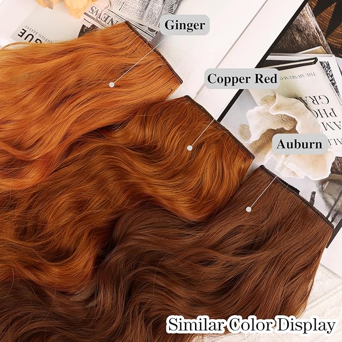 WECAN Clip In Hair Extensions 20 Inch 6pcs Copper Red Long Wavy Curly Hair Extensions Ginger Synthetic Fiber Double Weft Soft Hairpieces For Women Full Head