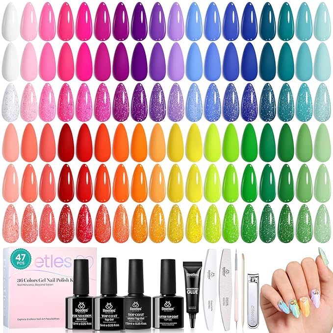 beetles Gel Polish Set - 36 Colors Neon Gel Nail Polish Pink Red Green Blue Yellow Nail Polish with 4Pcs Base Top Coat Soak off Colorful Holidays Collection UV Christmas Gifts for Women