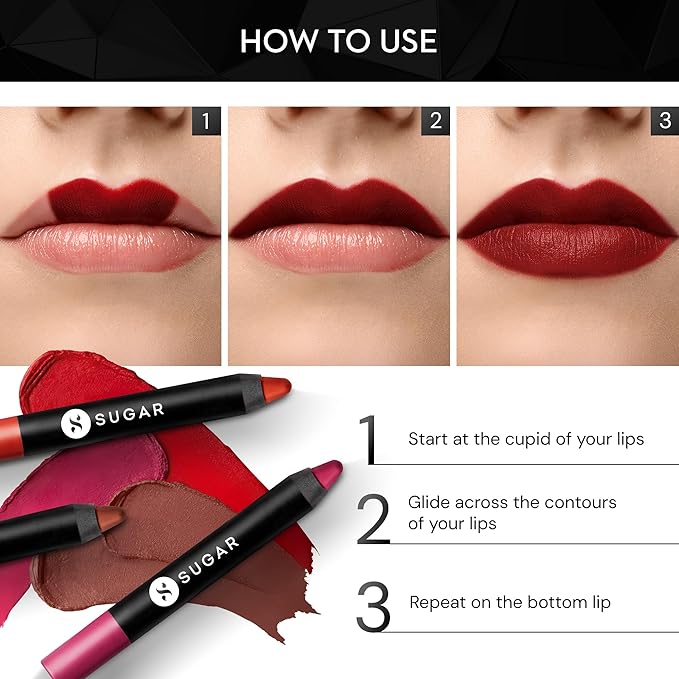 SUGAR Cosmetics Matte As Hell Crayon Lipstick - 01 Scarlett O'hara (Red) with Sharpener Highly Pigmented Creamy Texture Long Lasting Matte Finish