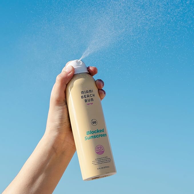 Miami Beach Bum SPF 50 Blocked Mineral BOV Spray (6 Fl oz) with Algae Aloe &amp Antioxidants Broad Spectrum Sunscreen Non-Aerosol Hawaii Reef Compliant - Octinoxate Oxybenzone &amp Petroleum Fr