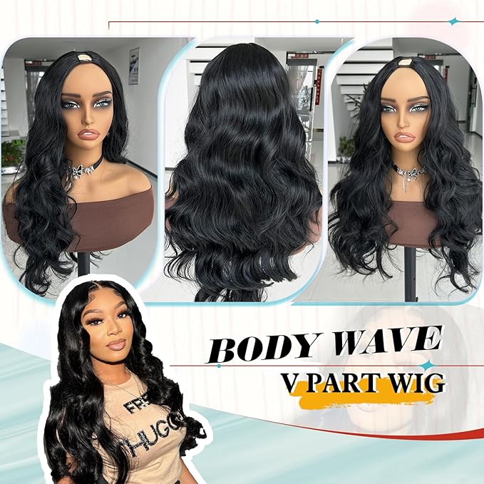 KRSI Black V Part Wig 24 Long Body Wave Synthetic U V Part Half Wigs Glueless Upgrade U Part Wig Glueless Full Head Clip in Hair Extensions for Black Women