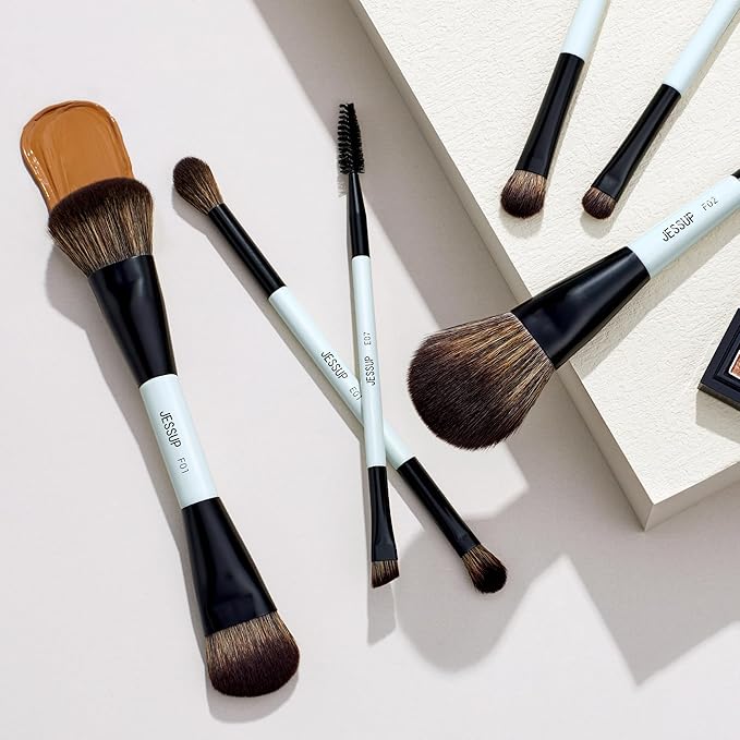 Jessup Makeup Brush Set 6pcs Double Sided Makeup Brushes Foundation Contour Blush Highlight Blending Eyebrow Brush Eyeshadow Brush Vegan Fiber Make up Brush Bright Cyan T501
