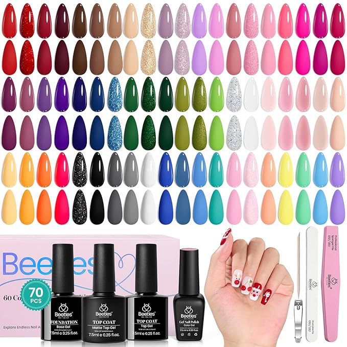 Beetles Winter Gel Nail Polish Set 70 PCS 60 Colors Red Green Pink Brown Blue Nude Glitter Gel Nail Polish Kit with Base Top Coat for Beginners UV LED Needed DIY Salon Christmas Gifts for Women