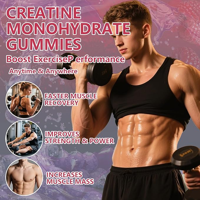 Creatine Monohydrate Gummies Complex 8000 MG for Men Women Creatine Gummy with Taurine BCAA for Energy Support and Muscle Strength Sugar Free Pre-Workout Supplement