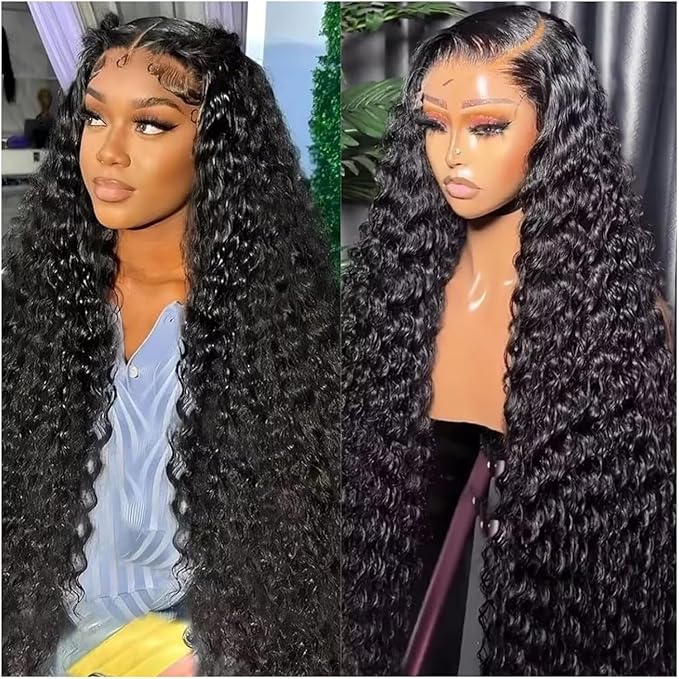 13x6 Lace Front Wigs Human Hair Water Wave 200 Density 13x6 HD Full Lace Frontal Wigs Pre Plucked Wet and Wavy Glueless Deep Curly Human Hair Wigs for Women Natural Black 22 Inch
