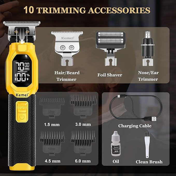 KEMEI 1878 Beard Trimmer for Men 3 in 1 Hair Clippers Shavers for Men Cordless Nose Hair Trimmer with Removable Head LED Display