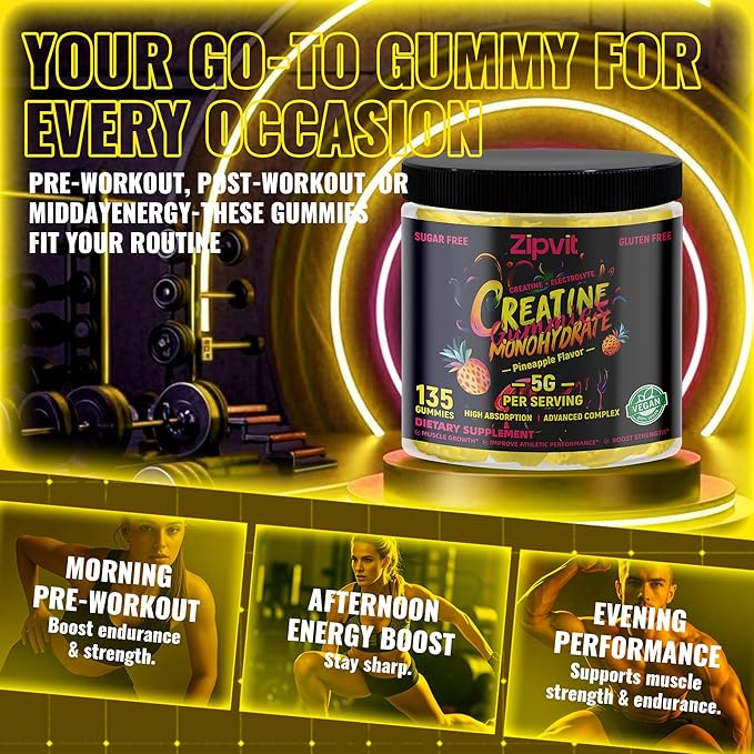 zipvit Creatine Monohydrate Gummies (5g) ? Pre-Workout Energy &amp Muscle Growth Support for Men &amp Women | Pineapple Electrolyte Gummies (135 Count)