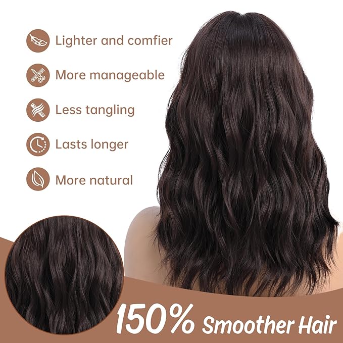 Medium Length Brown Wavy Wigs for Women 18 Inch Middle Part Wavy Dark Brown Wig Natural Looking Synthetic Heat Resistant Fiber Wig for Daily Party Halloween (18 inch)